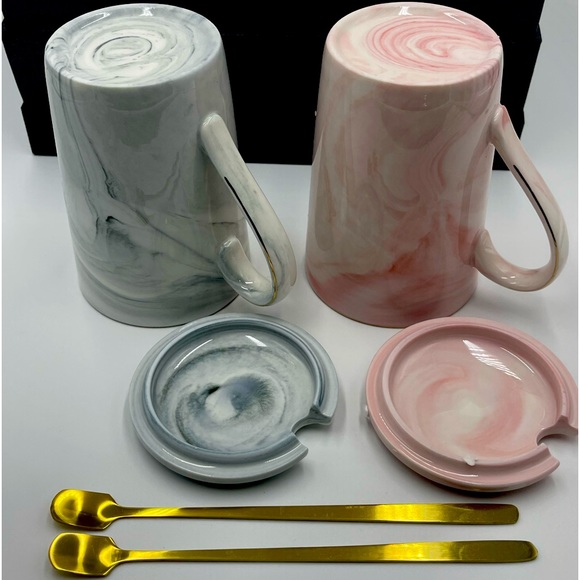 Jumway: Ceramic Marbled Mr and Mrs Gift Box Coffee Mugs, Lids & Gold Spoons Set - Picture 11 of 16